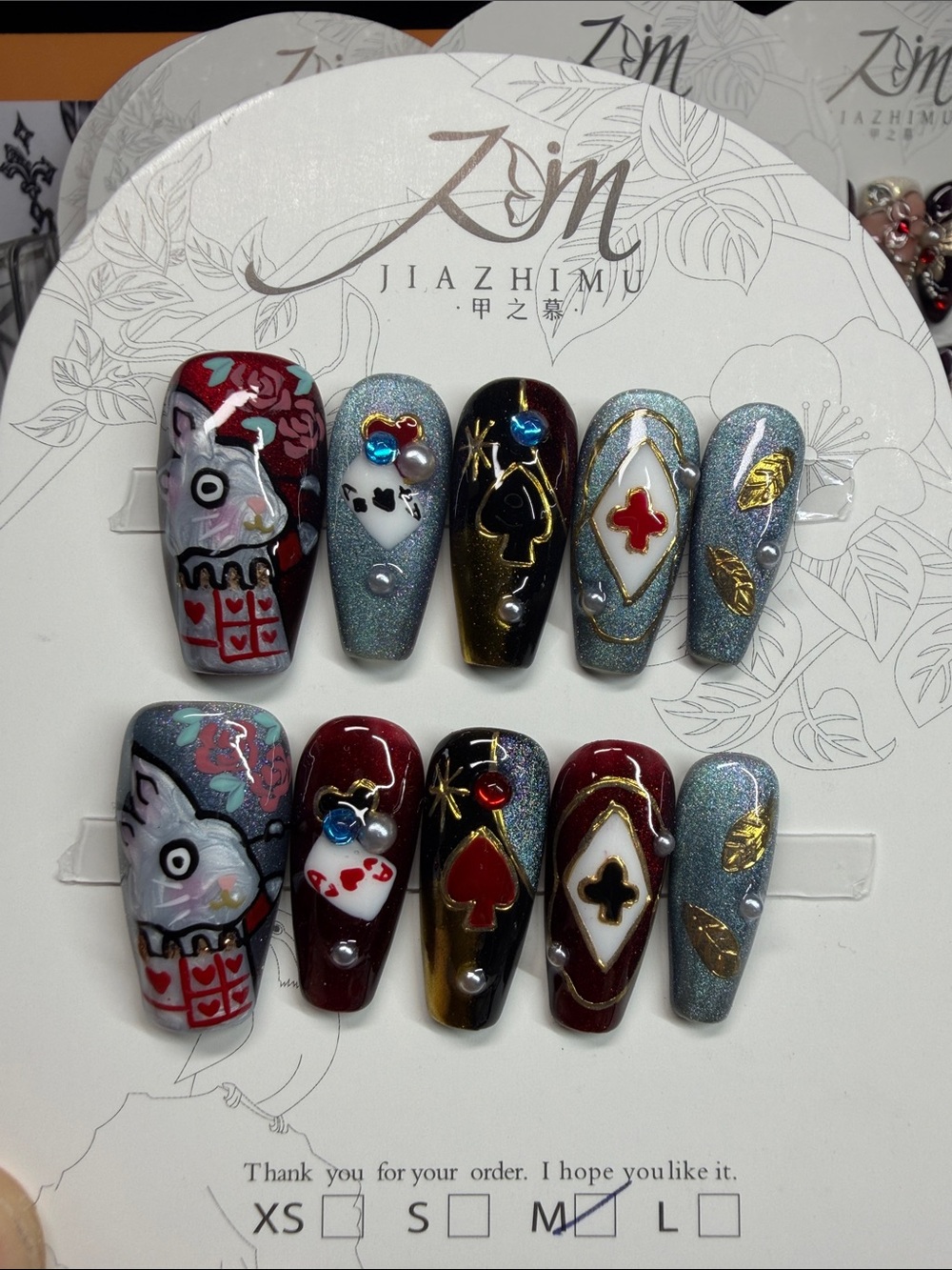Women’s Poker-Themed Press-On Nails in Metallic Blue & Burgundy